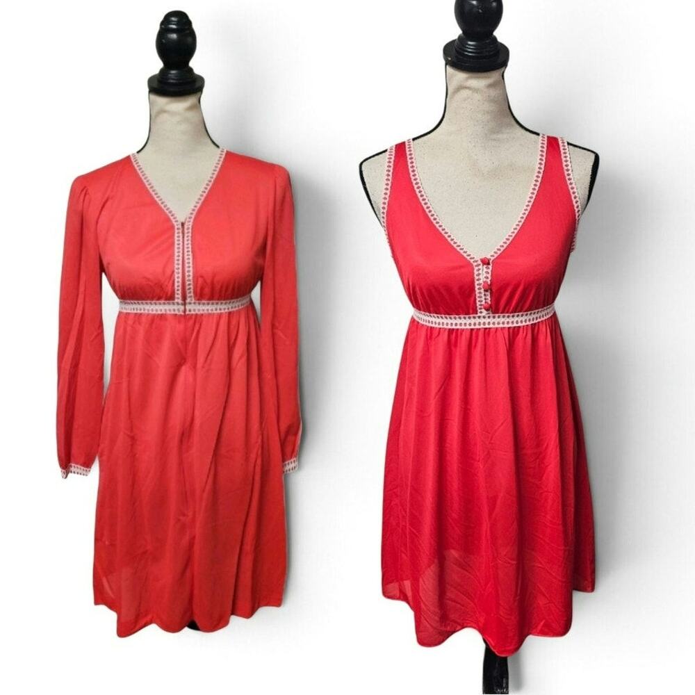 Lorraine Vtg Babydoll 70s Nightgown Robe Small Red Rickrack Trim Peasant Cottage